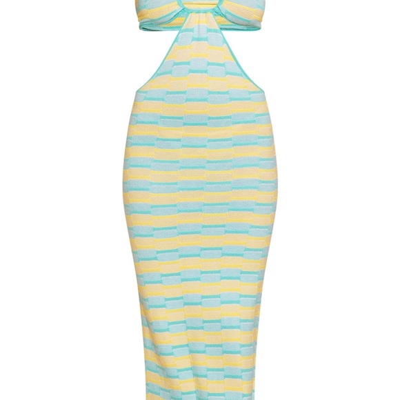 TURQUOISE CONTRAST TEXTURED KNIT CUT OUT HALTERNECK MAXI DRESS Size Medium - Picture 4 of 9